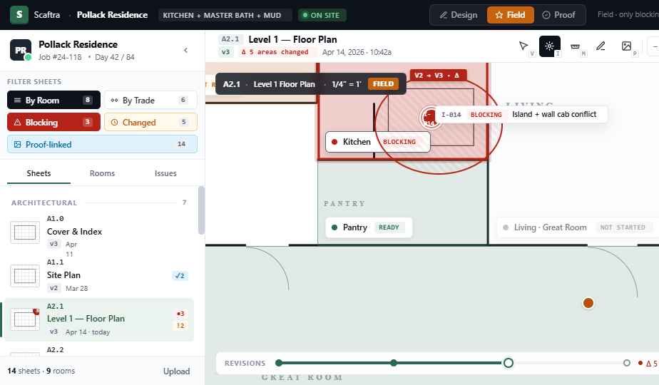Field mode · Level 1 floor plan with kitchen blocking issue