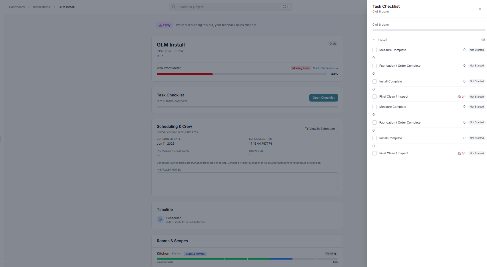Install detail · GLM Install with task checklist and CYA proof meter